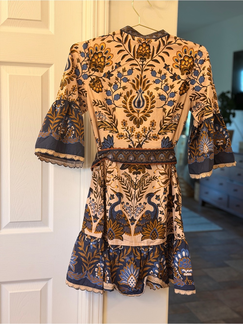 FARM Rio Blue and Cream Floral Belted Cotton Cape Dress - Picture 3 of 4